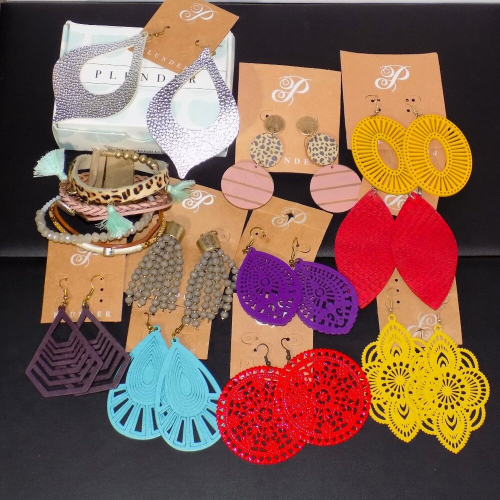 Lot 11 New Plunder Earrings & Bracelet Bundle.  Statement Boho Retro Wood Metal